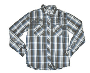 Manchester Esc. Men's Blue Plaid Western Snap Shirt Size L